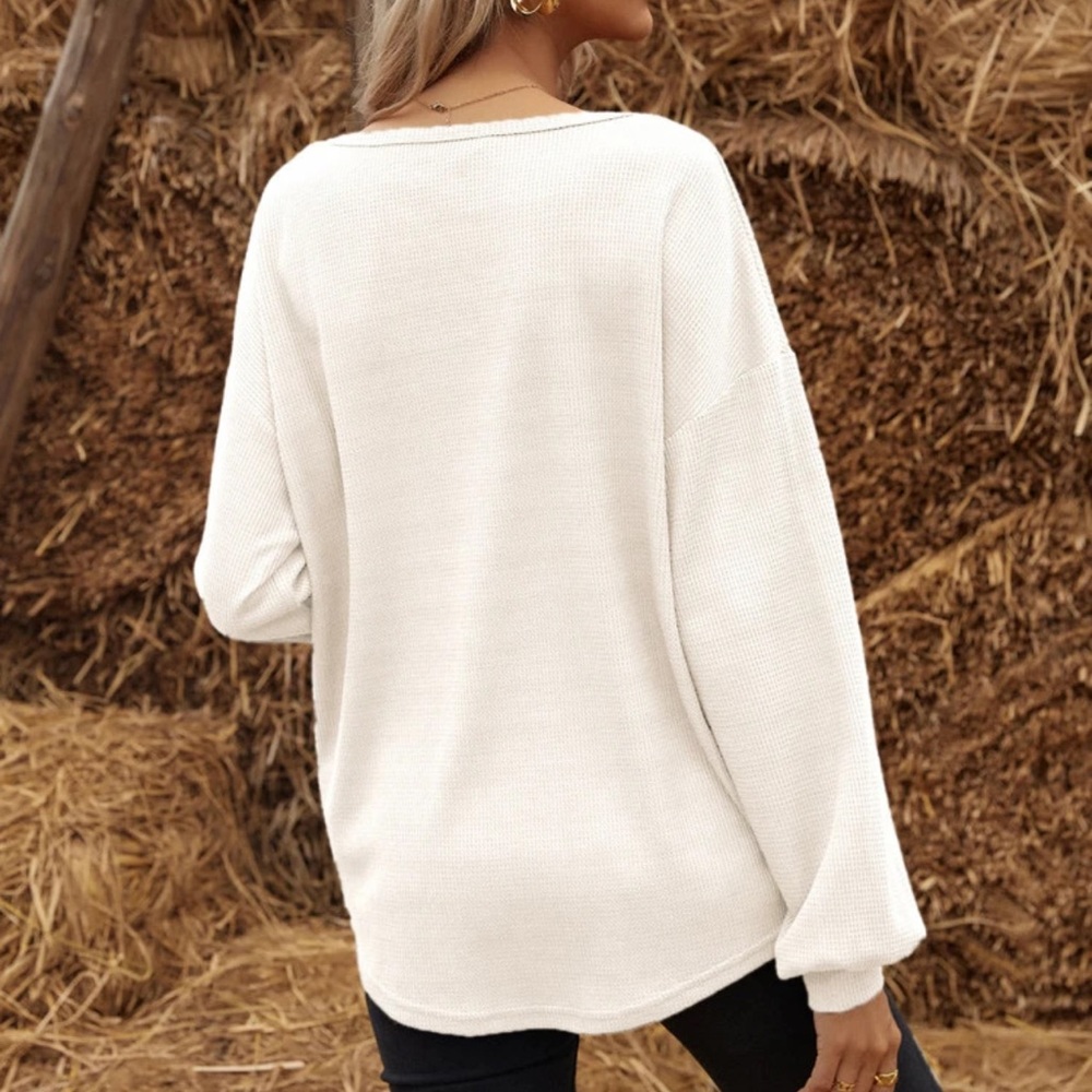 Waffle knit half placket button down henley long sleeve tee shirt boho oversized - Picture 11 of 14